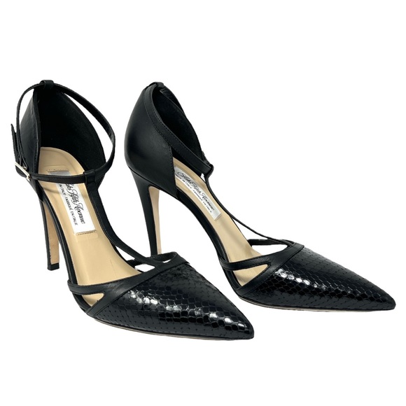 Saks Fifth Avenue Shoes - Saks Fifth Avenue Black Leather Pointy Toe T-Strap Heels Size 7